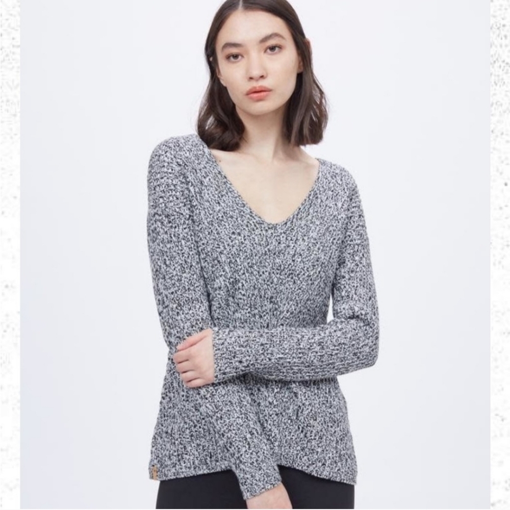 Tentree Highline V Neck Long Sleeve Knit Cotton Sweater Marled Black Sz S